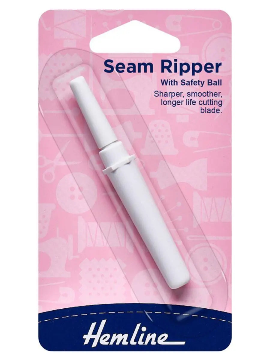 White seam ripper with safety ball on pink packaging, featuring Hemline branding.