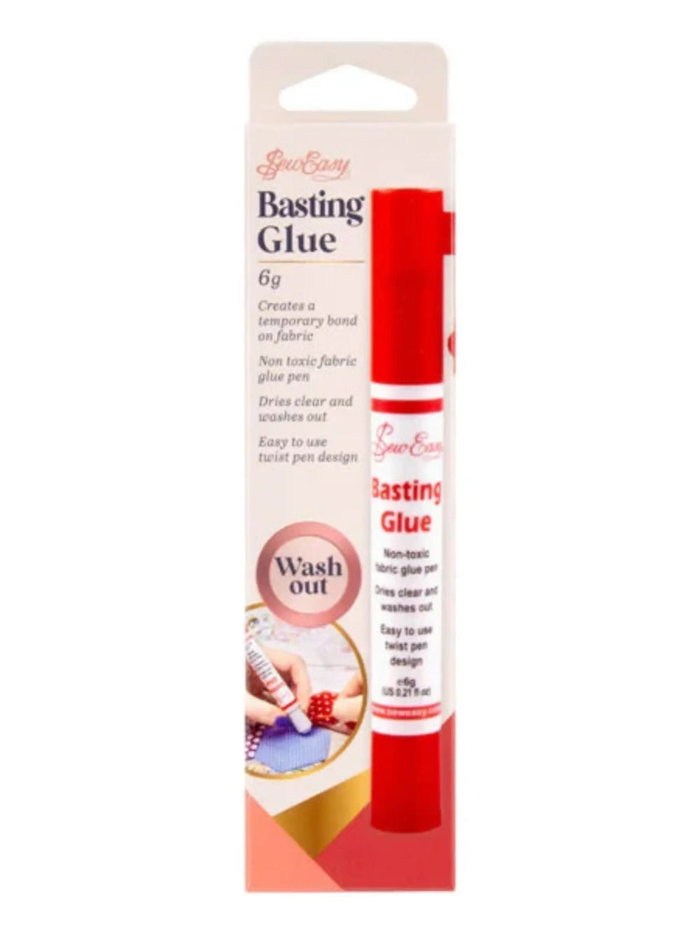 Basting glue pen packaging with red cap on a white background