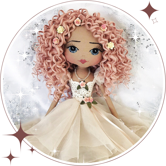 Decorative doll with pink hair and floral accessories on a white background