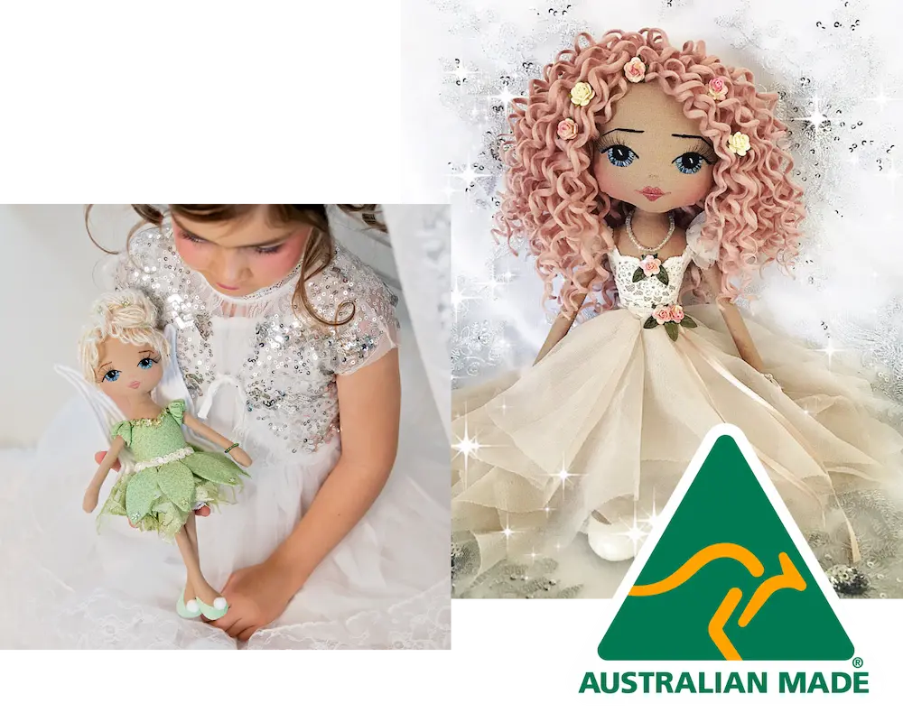 Two images of handmade dolls and the Australian Made logo. Image one is a girl wearing a white dress holding a green fairy doll. Image 2 is a handmade doll with pink curly hair and a lace and tulle dress on a white background.
