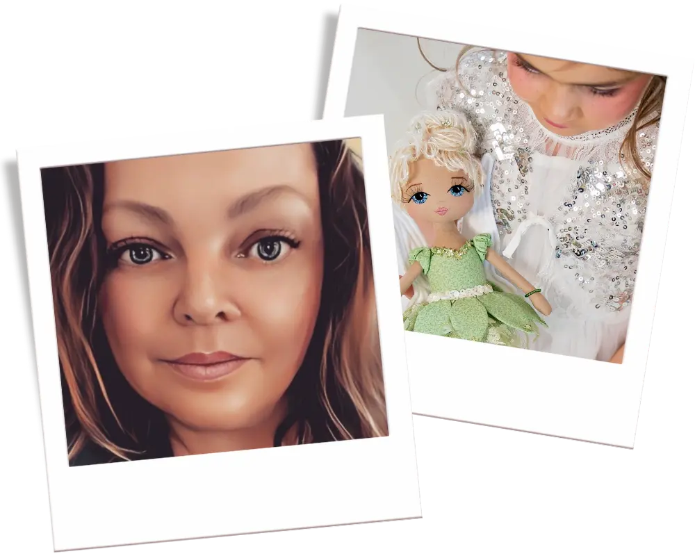 Close-up of Upper Dhali founder and a doll in a green dress with a white outfit.