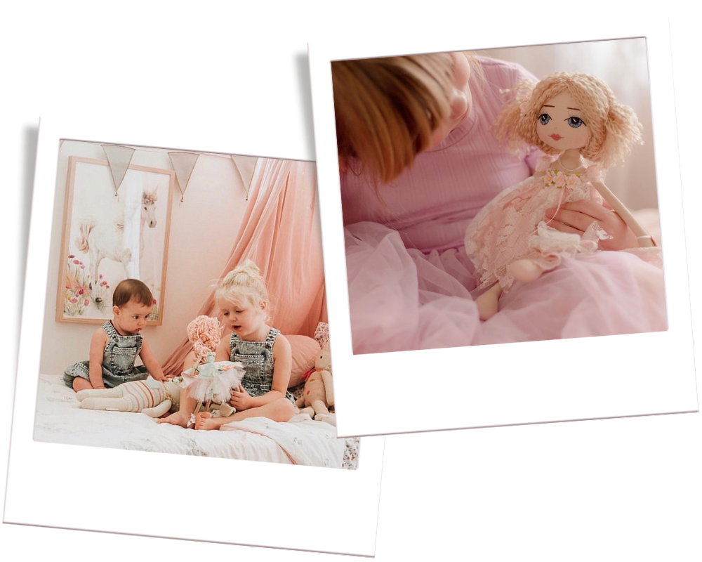 two polaroid images with children holding handmade dolls by Upper Dhali