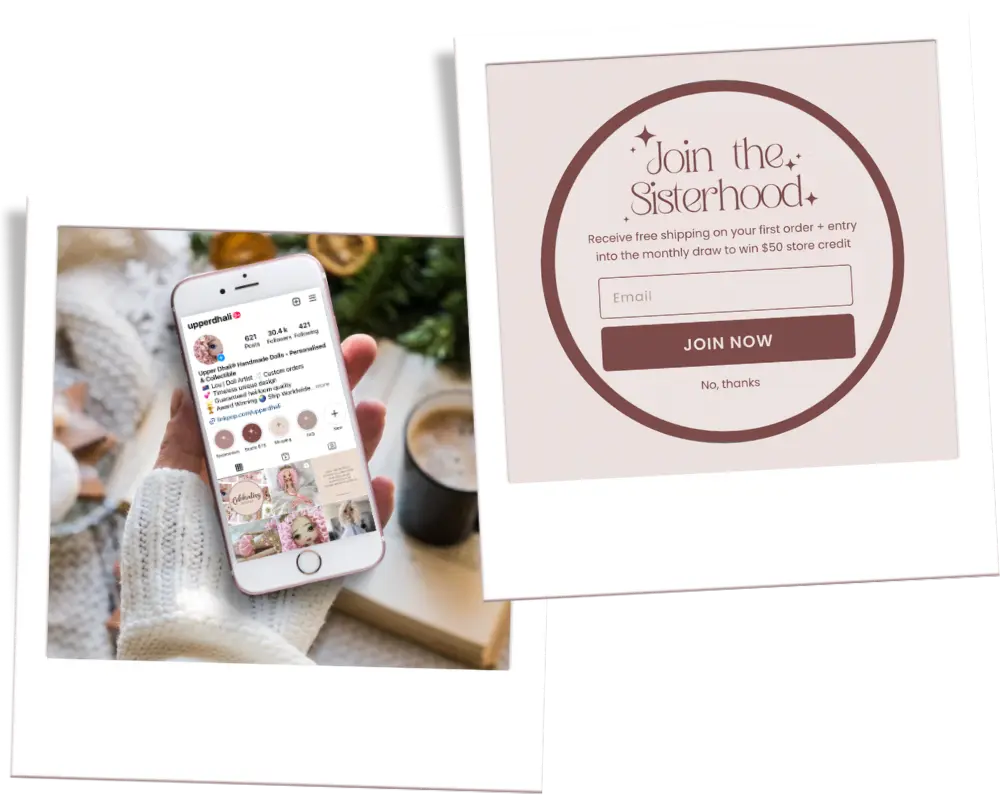 Phone with app interface and 'Join the Sisterhood' card on a white background