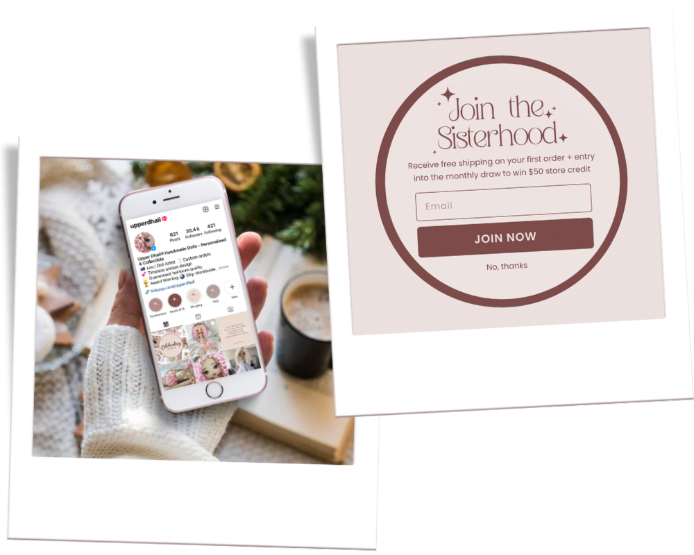 Phone with app interface and 'Join the Sisterhood' card on a white background