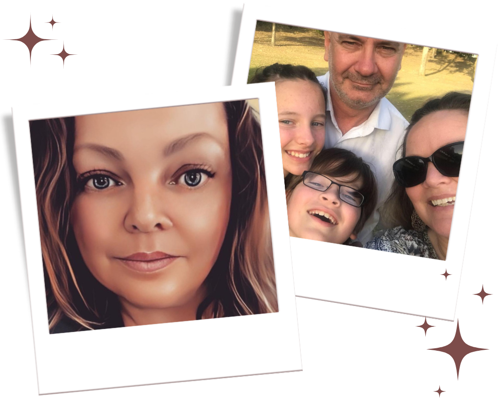 Collage of a woman's face and a family photo with a man, woman, and child.