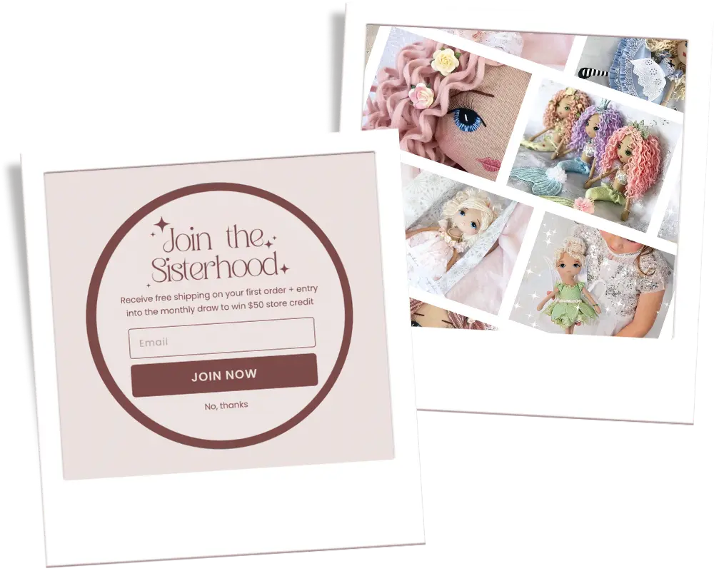 Invitation card to join 'The Sisterhood' with images of dolls on a white background