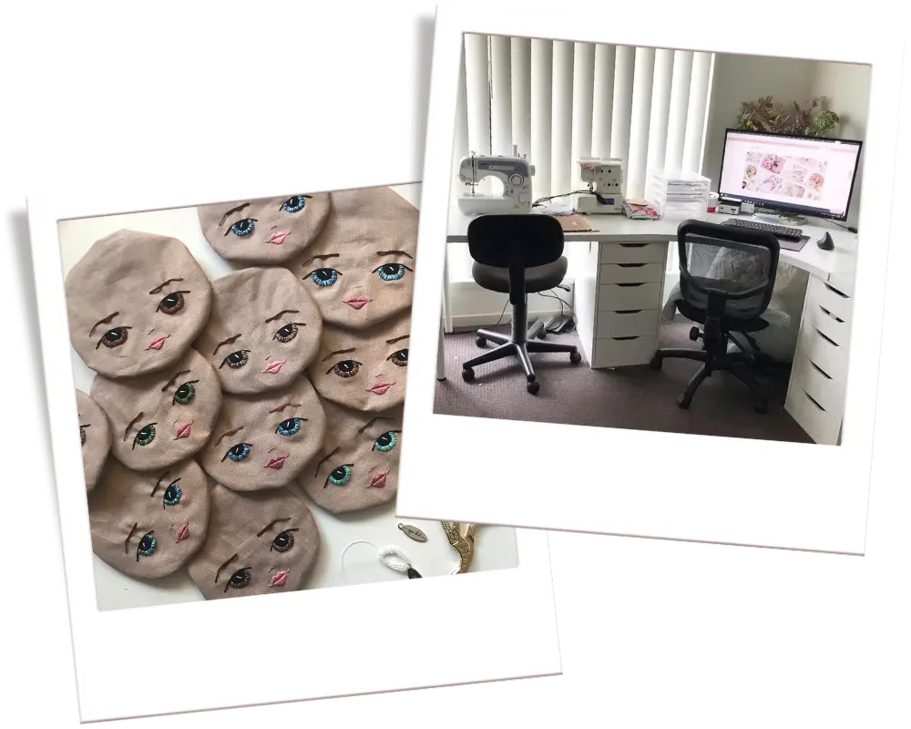 Collage of hand embroidered dolls faces and a home office setup.