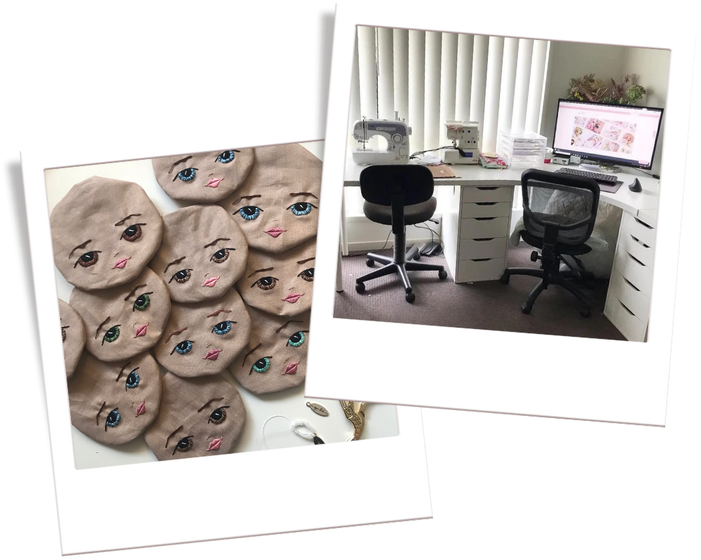 Two polaroid images of doll making studio; the first being an image of embroidered dolls faces and the other a photo of a white desk with two black chairs, with a sewing machine and a computer.
