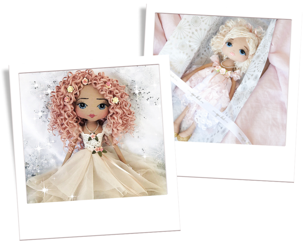 Two images of a doll with blonde hair and a white dress, one with pink flowers and the other in a white setting.