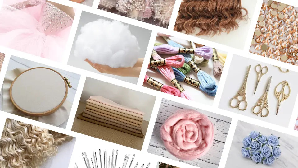 collage of doll making supplies images of products available from Upper Dhali