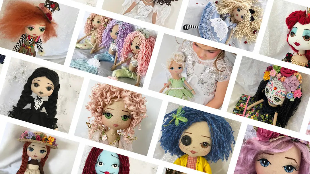 Collage of handmade dolls made by Upper Dhali, including Wednesday Addams Doll, Mad Hatter Doll, Mermaid Dolls, Coraline Doll, Sugar Skull Doll, Tinkerbelle Doll, Alice in Wonderland Dolls