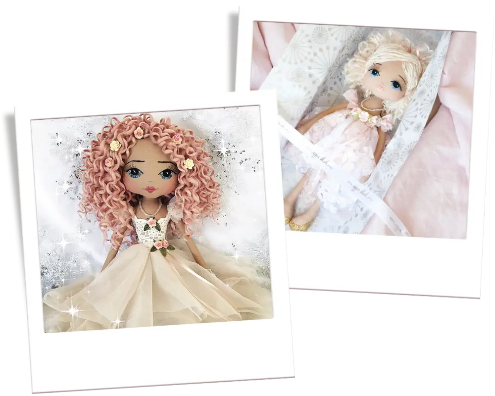 Two images of a doll with pink hair and a white dress, one on a white background and the other in a soft focus.