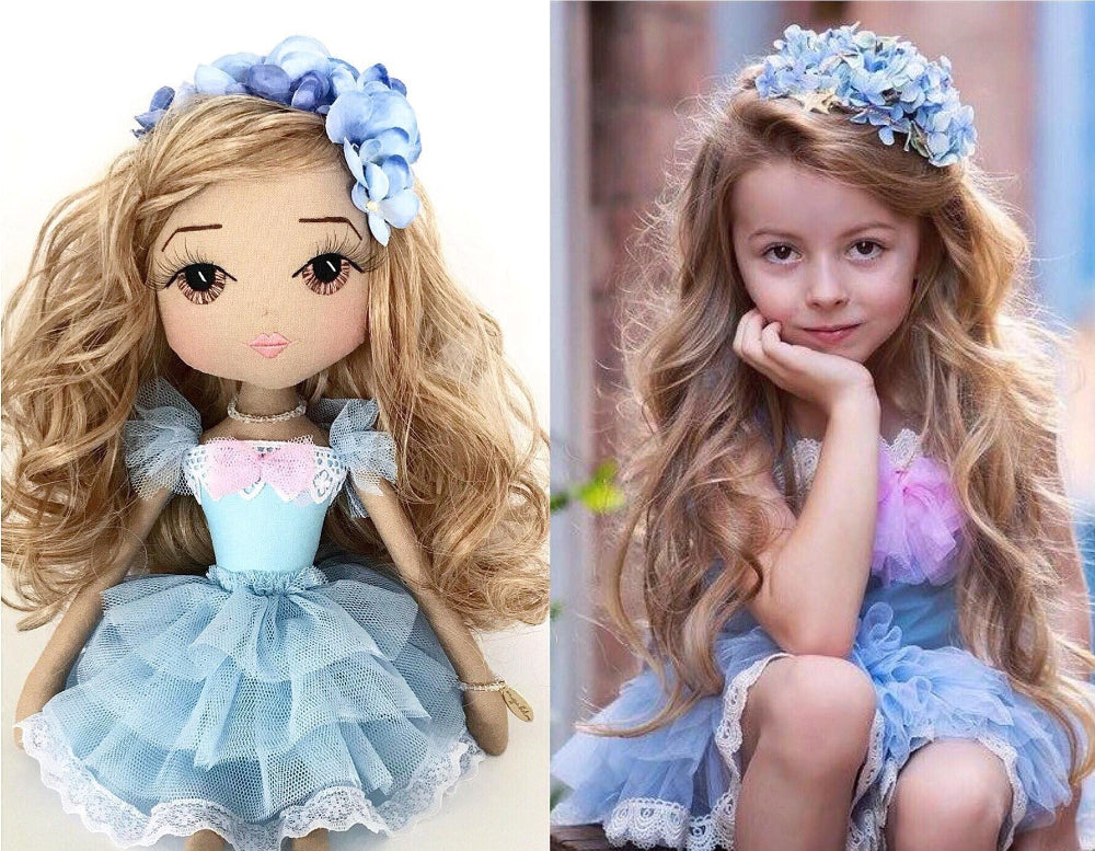 A side by side image of a personalised handmade doll to look like a young girl wearing the same blue party dress