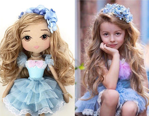 A side by side image of a personalised handmade doll to look like a young girl wearing the same blue party dress