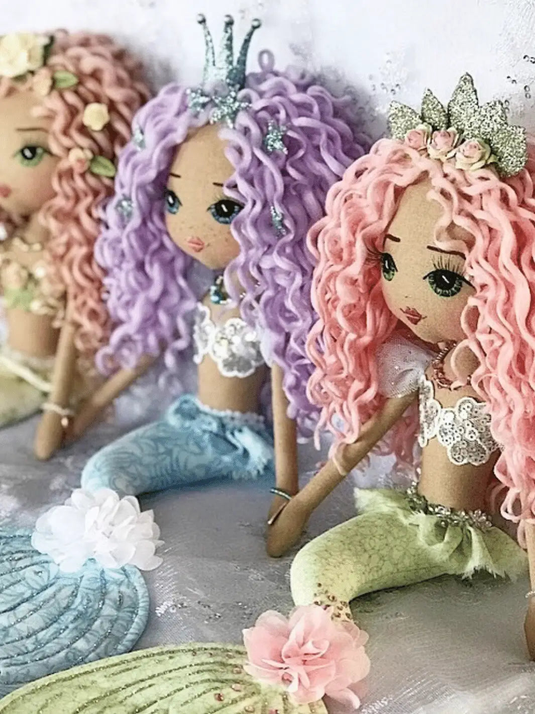 Design your own handmade mermaid doll - pastel rainbow trio of mermaid dolls with curly hair and silver sequin mermaid bodice