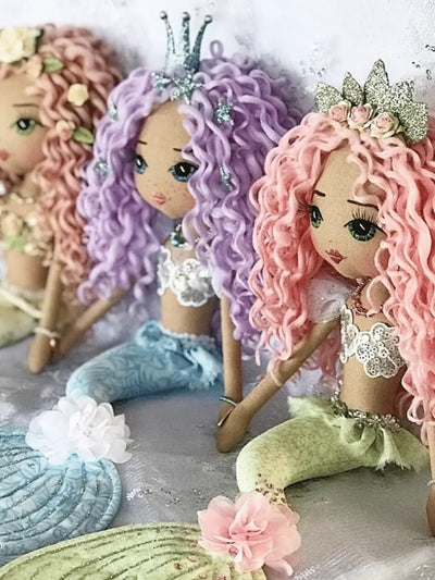 Design your own handmade mermaid doll - pastel rainbow trio of mermaid dolls with curly hair and silver sequin mermaid bodice