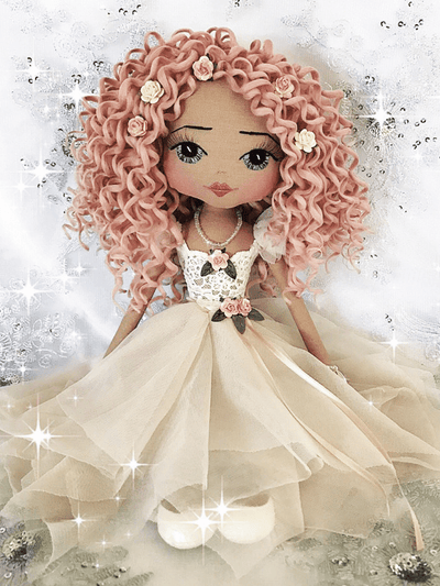 handmade doll with long pink curls adorned with roses, hand embroidered blue eyes and romantic vintage dress of ivory lace and creamy champagne tulle