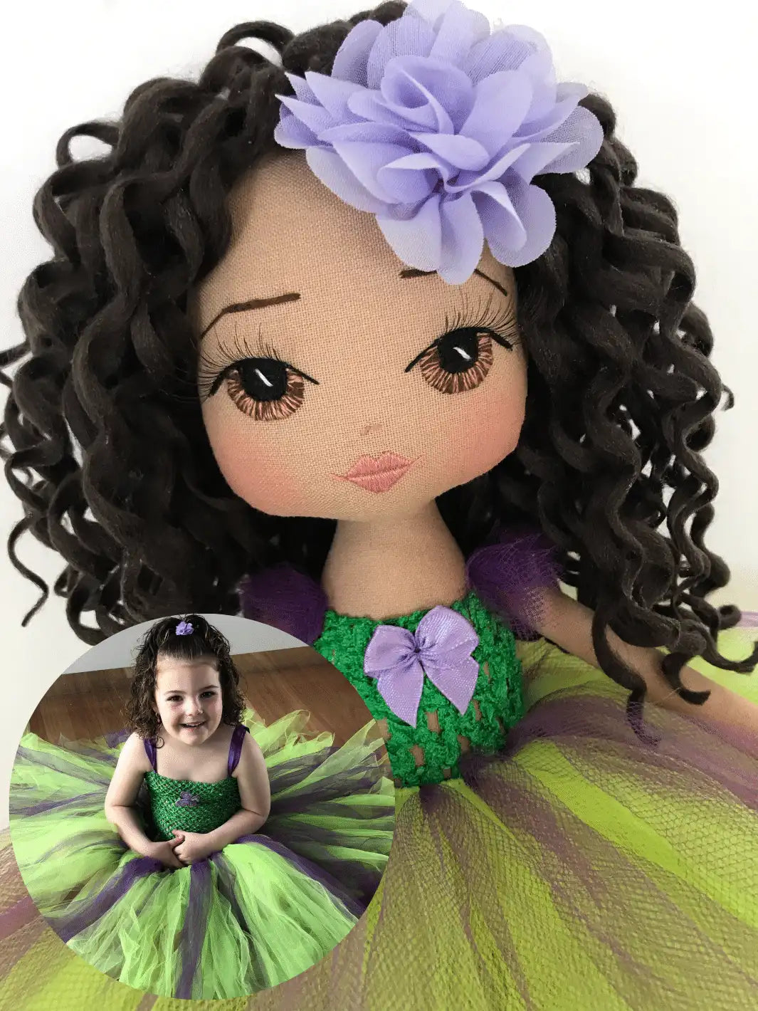 Upper Dhali personalised handmade keepsake doll with long brown curls dressed in a green and purple tutu dress