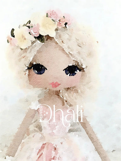 watercolour art print of a handmade doll with blonde hair and a flower crown wearing a peach and pink dress