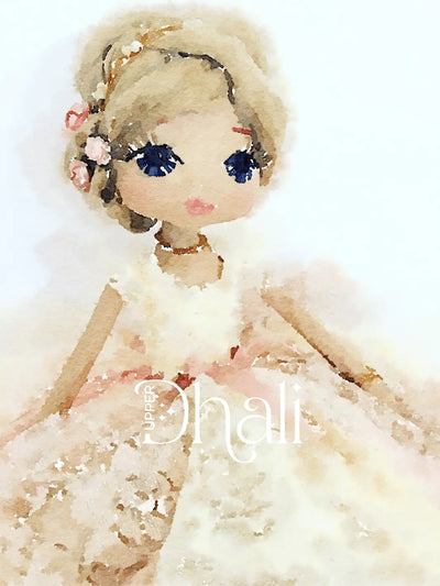 watercolour art print of handmade doll in pink and neutral tones