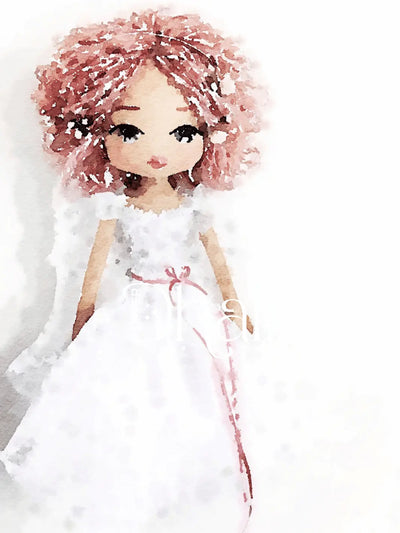 watercolour art print of a guardian angel handmade doll with dusty pink hair and pink ribbon around waist