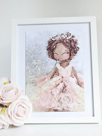 watercolour art print of a handmade doll in brown and pink vintage tones displayed in a white frame