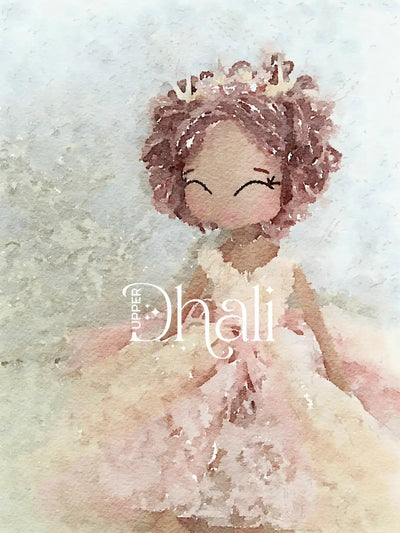 watercolour art print of a handmade doll in brown and pink vintage tones
